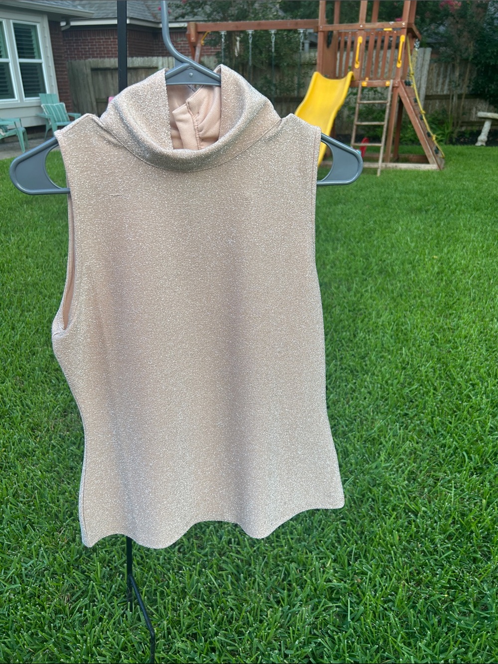 Boston Proper Sleeveless Metallic Cream Turtleneck Sweater